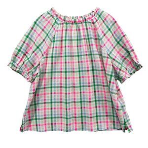 Crown & Ivy Tattersall Top Womens Pink Green Ruffle Neck Short Sleeve Size XL